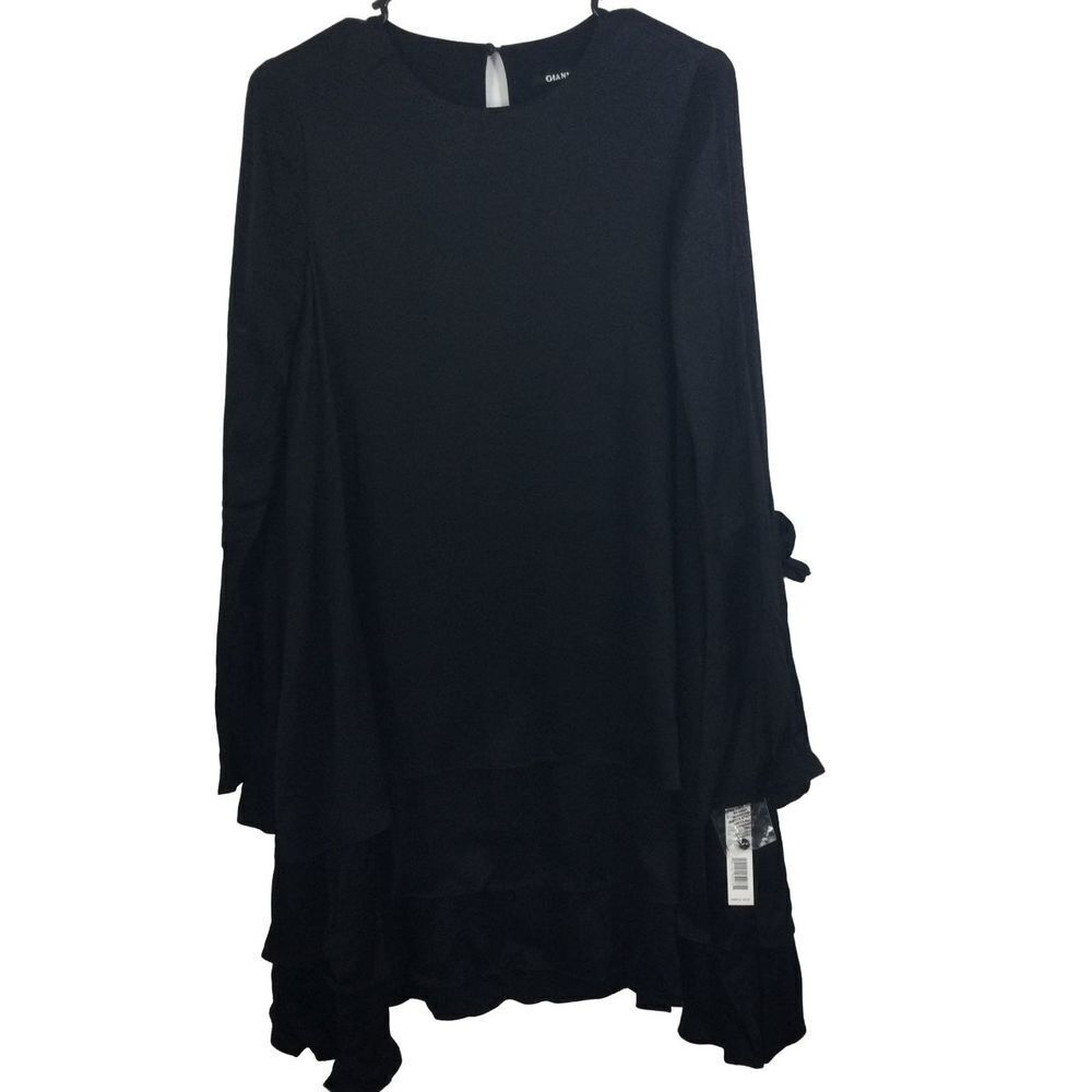 Gianni Bini Womens Bella Satin Crepe Bell Sleeve Ruffle Dress Black Size XS NWT